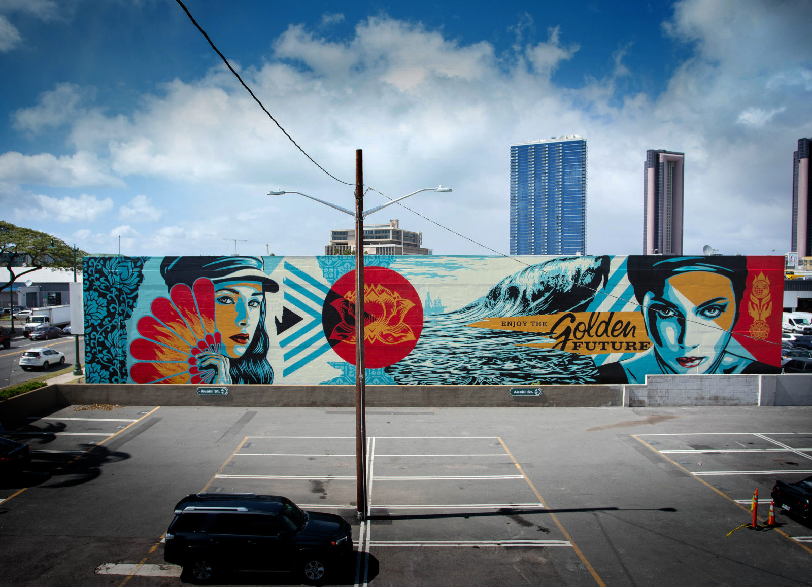 "Golden Future?" Mural in Honolulu, Hawaii Obey Giant