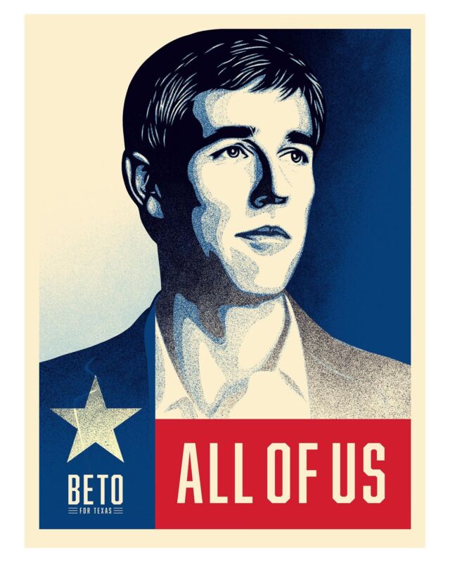 I created this artwork for Beto O'Rourke after our mutual friend, John Doe (@theejohndoe) from X (@xthebandofficial), put us in touch. I don't believe that Texas voters are a monolith and I don't believe that Greg Abbott represents all of his constituents, including the Uvalde community, properly. Beto O'Rourke represents many values that I strongly endorse and I'm happy to lend my support and my art to Beto For Texas.

Texas needs a Governor like @betoorourke who represents all of us, not just a few. #BetoForAll
–Shepard
