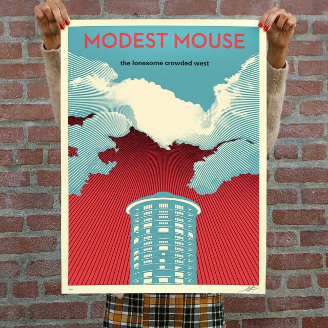I’m really happy that @modestmouse asked me to create some limited edition posters for their tour commemorating the 25th anniversary of their 1997 album The Lonesome Crowded West. I first heard Modest Mouse in 1998. I borrowed a friend’s copy of the album The Lonesome Crowded West, which had come out the year before, and it grew on me quickly to become a favorite. The whole album is great, very multi-dimensional ranging from aggressive and dissonant on songs like “Teeth Like God’s Shoeshine” to folky, jangly, and intimate on “Trailer Trash.” My two favorite songs on The Lonesome Crowded West are “Doin’ the Cockroach,” which builds steadily into an exhilarating staccato guitar frenzy, and the song that follows it, “Cowboy Dan,” which is full of tension, struggle, anger, and beauty. Lyrically, the band’s singer and primary songwriter, Isaac Brock, comes across as an empathetic world-weary sage. I rarely call someone a poet, but Isaac wrote with such depth for someone only 23 years old that I think poet is the only title that properly conveys his elevated craft as a lyricist. I got to do Modest Mouse’s 2000 Black Glass tour poster, which was a huge deal for me. I’m happy to collab again 22 years later!
–Shepard