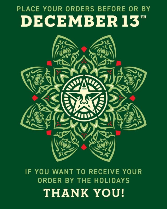 📣OBEY STORE ANNOUNCEMENT📣

It’s the holiday season and here are gift ideas available from the obeygiant.com web store! Place your orders by December 13th to ensure delivery by Christmas day. Happy Holidays!