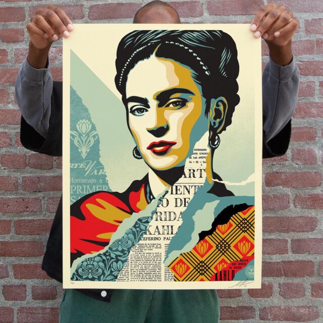 NEW Print Release: “The Woman Who Defeated Pain (Frida Kahlo)” Available Thursday, March 16th @ 10 AM PT!

I’ve long admired Frida Kahlo’s art, and the more I have learned about her over the years, the more I admire her as a feminist trailblazer and thinker. During her lifetime Kahlo faced serious discrimination for being a female artist and was often seen as “the wife of famous muralist Diego Rivera… who also paints.” Since her death, Kahlo’s esteem in the art world has grown significantly due in part to evolving attitudes about women’s roles in society, but I think largely because her paintings are so evocative and memorable. I love that Kahlo adopted the philosophy after a severe bus crash injury at age 18 that art can help overcome hardship and that we should turn misfortune into a source of energy and inspiration to grow spiritually and do good things. Kahlo is frequently the subject of her work, and she uses roots, flowers, and foliage to represent history, unity between humans, and human connection to the earth. I celebrate Kahlo as someone who was unique in her paintings, fashion, and how she processed her challenges and navigated the world.
–Shepard

PRINT DETAILS:
The Woman Who Defeated Pain (Frida Kahlo). 18 x 24 inches. Screen print on thick cream Speckletone paper. Signed by Shepard Fairey. Numbered edition of 550. Comes with a Digital Certificate of Authenticity provided by Verisart. $55. Available on Thursday, March 16th @ 10 AM PT at https://store.obeygiant.com . Max order: 1 per customer/household. International customers are responsible for import fees due upon delivery (Except UK orders under $160).⁣ ALL SALES FINAL.