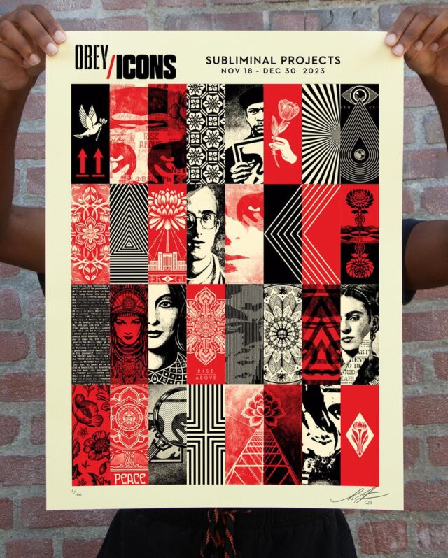 NEW In-store print release: “OBEY/ICONS” available at @subliminalprojects this Saturday, 12/2 @ 12 PM PST!

The OBEY/ICONS print is the show print for my ICONS exhibition which is also a compilation of many significant icons from throughout my career. One of the principles of strong icons is that they will stand out even within a cluttered environment and read legibly when partially obscured. I enjoyed demonstrating those concepts with the individual elements within the composition of the print while aiming for a pleasing rhythm to the piece as a whole. This print was also partially inspired by the first print I ever designed for Subliminal back in 1995.
–Shepard

PRINT DETAILS:
OBEY/ICONS. 18 x 24. Screen print on thick cream Speckletone paper. Signed by Shepard Fairey. Numbered edition of 400. Comes with a Digital Certificate of Authenticity provided by Verisart. $55. Available on Saturday, December 2nd @ 12 PM PST at Subliminal Projects. Max order: 1 per customer/household. ALL SALES FINAL.