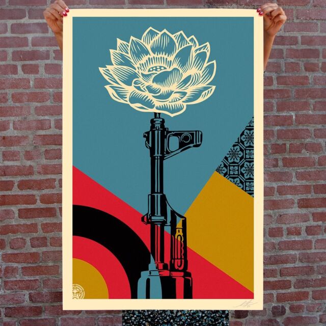The offset editions of “AK-47 Lotus” and “AR-15 Lily” will be available on Thursday, 2/15 @ 10 AM PST!⁠
⁠
The AK-47 Lotus and AR-15 Lily images are inspired by Vietnam War protesters who would put flowers in the gun barrels of the National Guard who were brought in to suppress their protests for peace. I’m a pacifist, whether that means finding diplomatic solutions to prevent and avoid war internationally or finding diplomatic solutions to prevent and avoid gun violence at home. I want fewer people to die unnecessarily. @DoctorsWithoutBorders will receive a portion of proceeds from these two prints to support their efforts in war-torn parts of the world. Thanks for caring.⁠
-Shepard⁠
⁠
OBEY Store Announcement🗣️:
🚫GIVEAWAY CLOSED! Winners have been notified and will be announced soon.
We’re hosting a free AK-47 Lotus and AR-15 Lily offset print giveaway for three winners (3 sets!). Leave a comment below and tag a friend. We will randomly choose & DM three winners by Wednesday, 2/21, @ 12 PM PST and announce via IG Stories. Good luck! This contest is not sponsored by, endorsed by, or associated with Instagram. This contest is only open to US residents who are 18 years of age or older. Link in bio for full T&Cs.⁠
⁠
PRINT DETAILS:⁠
AK-47 Lotus & AR-15 Lily. 24 x 36 inches. Offset Lithograph on thick cream Speckletone paper. Signed by Shepard Fairey. Open edition (unnumbered). $40 each. A portion of the proceeds will be donated to Doctors Without Borders. Available on Thursday, February 15th @ 10 AM PST at https://store.obeygiant.com.