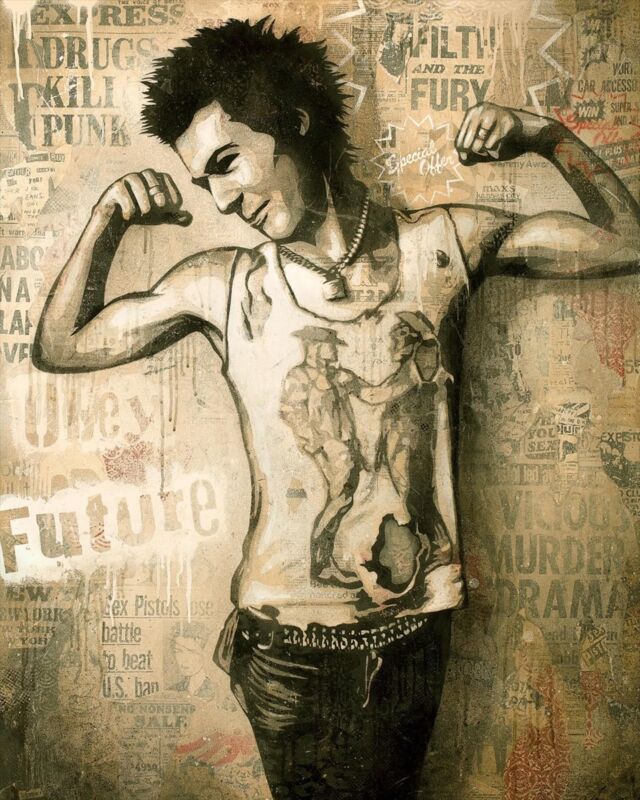 The member of the Sex Pistols who I was drawn to and most epitomized the punk image for me was Sid Vicious, with his spiked hair, leather jacket, lock necklace, and reckless behavior. Sid remains one of punk’s most enduring icons, even if he is a classic example of style over substance. I was a sucker for Sid’s image as a teenager, and I still am, even though I see him as less ‘cool’ and more tragic and cautionary these days. I have made many images of Sid over the years, and I thought I had retired him as a subject until Dennis Morris (@dennismcevoymorris), the photographer of the most intimate and iconic shots of Sid, approached me about a collaboration. Dennis’s archive provided an amazing treasure trove of Sid images to work from in creating the paintings and prints in the ‘Superman Is Dead’ show at my gallery @subliminalprojects back in 2013. Here’s a look back at the show. I’m so glad I got to do Dennis’s Sid images “My Way!” And happy to share this look back today, on his birthday. -S

#SidVicious #SexPistols @jonesysjukebox #DennisMorris