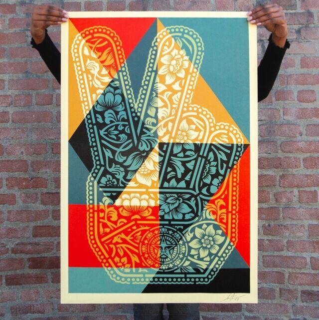 The offset editions of “Peace Fingers Geometric” will be available on Thursday, April 11th @ 10 AM PDT!⁠
⁠
I originally made the “Peace Fingers” image in 2006 as a response to the wars in Iraq and Afghanistan but I recently updated the art with a new floral pattern and geometric color-blocking. Peace is not the absence of disagreement but the ability to resolve the disagreement without violence. Peace takes more thought, more kindness, more diplomacy, and more creativity, but hey… I’m actually into all of those things. @DoctorsWithoutBorders will receive a portion of proceeds from this print to support their efforts in war-torn parts of the world including Gaza and Ukraine. Thanks for caring.⁠
-Shepard⁠
⁠
PRINT DETAILS:⁠
Peace Fingers Geometric. 24 x 36 inches. Offset on cream Speckletone paper. Signed by Shepard Fairey. $40. A portion of the proceeds will be donated to Doctors without Borders. Available on Thursday, April 11th @ 10 AM PDT at https://store.obeygiant.com. Max order: 1 per customer/household. International customers are responsible for import fees due upon delivery (Except UK orders under $160).⁣ ALL SALES FINAL.