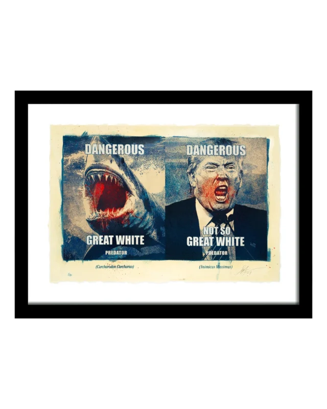 I’m excited to have a large grouping of pieces in AMERICAN PUNCHLINE which opens Saturday at @subliminalprojects. Humor has often played a role in my art over the last 35 years. A bit of laughter makes challenging topics more fun to chew on and humor illuminates the absurdity of people and things that shouldn’t be taken seriously despite their “serious” efforts to manipulate and intimidate. Humor can cut right through a B.S. smokescreen like a tomato cuts through the air on the way to a pompous face. In the alternate fable of David and Goliath, humor is the stone that  knocks out the giant bully. Even great power wilts in the face of savage wit. Humor pulls us back from the edge of despair because laughter is infectious, communal, and cathartic. There are a bunch of great artists in the show, working in an array of styles, including Ade Ogunmowo (@polo_cutty), Elyse Pignolet (@epignolet), @guerrillagirls, Isabelle Brourman (@loveizzystudio), Kelly Breez (@kellybreez), @Nadya Tolokonnikova (Pussy Riot), Robbie Conal (@robbieconal), @wardsutton (@kartooniststankellyofficial), and @winstontseng. Special shout out to Robbie Conal whose satirical Ronald Reagan CONTRA-DICTION posters captivated me when I saw them on the streets of LA as a 17 year old. Robbie’s approach is one I’ve often emulated and his work continues to be wickedly witty. Thanks for the inspiration and for being part of the show Robbie!
-Shepard

AMERICAN PUNCHLINE, a group exhibition of artists who use satire, humor, and camp as an artistic tool, to criticize political and social injustices, opens @subliminalprojects on Saturday, Sep 28th, 7-10 PM. RSVP to rsvp@subliminalprojects.com to attend.⁠ Refreshments and DJ sets by Shepard Fairey (@obeygiant) & DJ @sleeepwalk will be provided in our back lot. Parking will be limited, we suggest you use your preferred ride-share service.