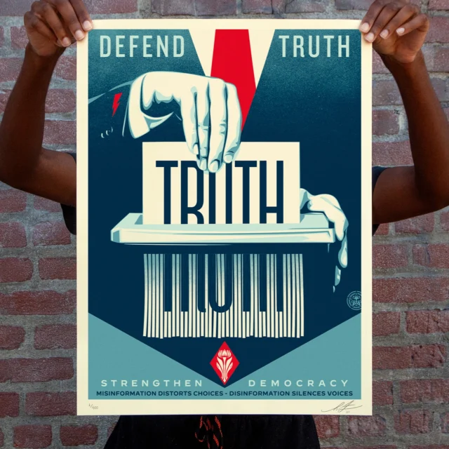 NEW Print Releases: “Defend Truth, Defend Democracy, & Political Voice” Available Thursday, October 3rd @ 10 AM PT.

For over a decade, I’ve been collaborating with Amplifier to amplify some of the most critical movements of our time. Looking ahead, defending democracy stands out as one of the most pressing issues. This year, decisions made across every continent could swing the balance between empowering people or giving rise to authoritarianism. The U.S. is not exempt—we’re deeply immersed in a culture war that feeds into disinformation, voter suppression, and systemic gerrymandering aimed at silencing entire communities. I have a small number of these prints that will be available on my site. If you’re interested in learning more about Amplifier and its efforts, check them out @amplifierart / @amplifiernewsroom.
-Shepard

PRINT DETAILS:
Defend Truth, Defend Democracy, & Political Voice. 18 x 24 inches. Screen print on thick cream Speckletone paper. Signed by Shepard Fairey. Numbered edition of 450. Comes with a Digital Certificate of Authenticity provided by Verisart. $100. Available on Thursday, October 3rd @ 10 AM PDT at https://store.obeygiant.com. Max order: 1 per customer/household. International customers are responsible for import fees due upon delivery (Except UK orders under $160).⁣ ALL SALES FINAL.