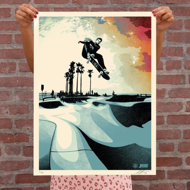 I made this illustration of Greyson Fletcher based on a fantastic photo at the Venice skatepark (which just turned 15) by Dan Levy of Juice Magazine. Of course, this image depicts the style and impressive height of Greyson’s frontside ollie over the hip, but more importantly, it captures the beauty of form and function in perfect harmony, represented by the symbiotic relationship between the transitions of Venice Park and Greyson’s graceful adaptation to said transitions. Greyson is an all-terrain master on a skateboard, and his fluid style is a reminder that it’s not a battle of old school vs. new school tricks (Greyson slays both), but more importantly, that every trick has that skater’s unmistakable flair and style. These prints will be signed by me, Greyson, and Dan. - Shepard 

I’m beyond stoked to be in one of Shepard Fairey’s pieces of art. He is an artistic genius! The piece came out insane! Dan nailed it on the shot and Shepard crushed it with his twist. Thanks Juice Magazine, Thanks Dan, Terri and Shepard. - Greyson Fletcher

Where style matters, style stands out, which is an important factor in this collaboration. To match Greyson’s style and Shepard’s style together is monumental and iconic and I could not be more honored or excited. - Dan Levy

If you’re in the Los Angeles area, a limited number of prints will be available to sell at the Juice Movie Night celebrating 31 years from 5-9pm Wednesday 11/13 at the Waterfront 205 Ocean Front Walk in Venice, CA. The remainder will be for sale on ObeyGiant.com on Thursday, 11/14.

🎥: Chris Gregson tweestopher courtesy of arborskateboards 

PRINT DETAILS:⁠

Greyson Fletcher- The Harmony of Form and Style. 18 x 24 inches. Screen print on thick cream Speckletone paper. Signed by Shepard Fairey, Greyson Fletcher and Dan Levy. Numbered edition of 500. Comes with a Digital Certificate of Authenticity provided by Verisart. $75. Available on Thursday, November 14th \@ 10 AM PDT at [https://store.obeygiant.com](https://store.obeygiant.com/ “‌”). Max order: 1 per customer/household. International customers are responsible for import fees due upon delivery (Except UK orders under $160).⁣ ALL SALES FINAL.