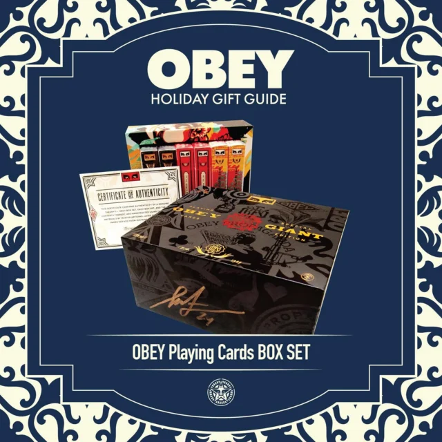 The OBEY Playing Cards, produced in collaboration with @theory11 not only represent three eras of my art, but they also represent the highest quality craft when it comes to the details of printing and production. The Special GIANT Edition Box Set includes two decks of each edition – Collage, Red, and Gold - along with a Certificate of Authenticity. I’m super impressed with how these work as a functional deck of cards in addition to a collectible piece. I hope that you all enjoy them as well. Thanks as always for the support!⁠
-Shepard

BOX SET DETAILS:
Obey Playing Cards Box Set - $99.95. The Box Set includes two decks of each edition representing three eras of OBEY. Each deck has a unique back design and packaging, printed with multiple layers of foil stamping and sculptured emboss. The three decks share common faces with vibrant, iconic OBEY art. The Box Set also includes an official Certificate of Authenticity card and signed by Shepard Fairey, EXCLUSIVE to the Obey Giant Store.