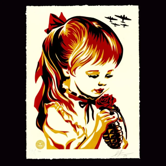 In the War By Numbers image, a little girl cradles a grenade with a rose as bombers fly overhead. Her posture is deliberately innocent, appearing to have her eyes closed, with her lips nearly kissing the weaponry in her hands, as if a doll. The sense of danger is pervasive, with her fingers positioned on the trigger. The image asks the question, “How did war become so commonplace and banal that it seems fitting in a paint-by-numbers style image?” A portion of proceeds from this print will benefit the work Doctors Without Borders provides in wartorn regions globally.
-Shepard

PRINT DETAILS:⁠ War By Numbers Letterpress. 15.25 x 20.5 inches. Letterpress on cream cotton paper with hand-deckled edges. Signed by Shepard Fairey. Numbered edition of 450. Obey publishing chop in lower left corner. Comes with a Digital Certificate of Authenticity provided by Verisart. $100. A portion of the proceeds will be donated to Doctors Without Borders. Available on Tuesday, December 10th @ 10 AM PDT at Obey Giant. Max order: 1 per customer/household. International customers are responsible for import fees due upon delivery (Except UK orders under $160).⁣ ALL SALES FINAL.