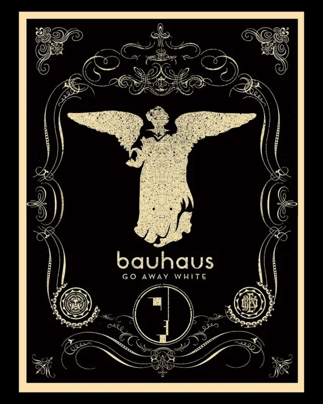 In honor of Friday the 13th, here is a throwback to the time I worked on art for the band Bauhaus in 2008. I first heard Bauhaus in 1986 while attending the summer program at the North Carolina School of the Arts. I was already into US and UK punk, but this was my first exposure to “Goth” or Death Rock” culture. I wanted to dislike the goths because they seemed to be trying too hard, but I was intrigued by their music. They carried around a boom box playing what I found out was music by Jesus and the Mary Chain, Love and Rockets, and Bauhaus. I especially liked Bauhaus’s “Bela Lugosi’s Dead” and decided to get more of their music.
 Years later, after moving to Los Angeles, I met Bauhaus’ and Love and Rockets’ bassist David J. We became good friends and talked about music often. I got to hear a lot of great stories about Bauhaus and Love and Rockets, and I was very excited when David told me Bauhaus were reforming to play Coachella in 2005 and do a tour. I saw the band at both Coachella and the Wiltern in LA. The shows were amazing, and I was overjoyed to see a band I thought I might never see perform.
 David mentioned to me that the chemistry Bauhaus felt on the tour had inspired them to work on a new album. Well, the chemistry did not hold up, but lasted long enough to deliver “Go Away White” the first new Bauhaus record since ’83. Honestly, I was a little nervous because it sucks when a great band tries to do an album after a long hiatus, and it tarnishes their almost-perfect legacy. On the contrary, “Go Away White” is every bit as good as vintage Bauhaus without sounding dated. David asked if I wanted to make some art to help promote the album. Of course, I did, and I ended up making a poster, sticker, and stencil graphic. -Shepard

@davidjhaskins #bauhaus #obeygiant #shepardfairey