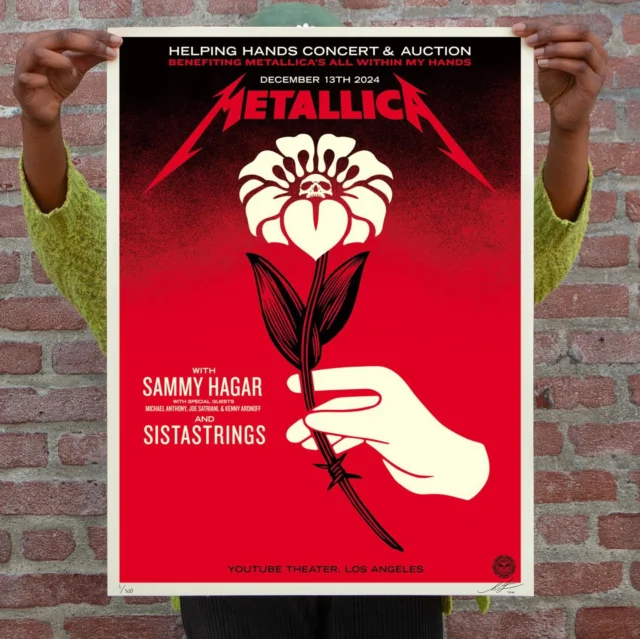 @metallica recently asked me to create the poster for their Helping Hands concert. Of course, I said yes because Metallica is one of my favorite bands and the tightest live band I have ever seen! Plus, the concert benefits some great causes. This print celebrates triumph over adversity while acknowledging that life is fragile and it’s in our hands to build the world we want for ourselves and our brothers and sisters. I first heard Metallica in 1985 when a Charleston, South Carolina public radio show called Punk-O-Rama, which was on the air from 12-2 AM on Saturday nights, decided to do a speed metal show instead of the usual punk and hardcore. At the time, punk and metal fans were enemies and had rival camps like the Sharks and the Jets. When Punk-O-Rama opened with Metallica’s song “Fight Fire With Fire,” I was skeptical, but it burst into music that was so fast and heavy that it made me bounce off the walls! I was hooked immediately and picked up Metallica’s album Ride the Lightning, which featured the song “Fight Fire With Fire.” I loved all of Ride the Lightning and sought out other Metallica albums like Kill ’Em All, Master of Puppets, and ...And Justice For All. Metallica has had an amazing run of albums and continues to put out great records. How many bands have been making killer music for 40 years!? Check out the last slide - a homemade Metallica shirt I made in early summer 1989 based on the Kill ’Em All cover. This Helping Hands poster is inspired by the colors of that cover as well as the song “Fade to Black.”
-Shepard

PRINT DETAILS:
Metallica Helping Hands. 18 x 24. Screen print on 80# cream Speckletone paper. Signed by Shepard Fairey. Numbered edition of 500. Comes with a Digital Certificate of Authenticity provided by Verisart. $75. A portion of the proceeds will be donated to @allwithinmyhandsfoundation, a non-profit, philanthropic organization created by the members and management of Metallica. Available on Tuesday, December 17th @ 10 AM PDT at Obey Giant. Max order: 1 per customer/household. International customers are responsible for import fees due upon delivery (Except UK orders under $160).⁣ ALL SALES FINAL.