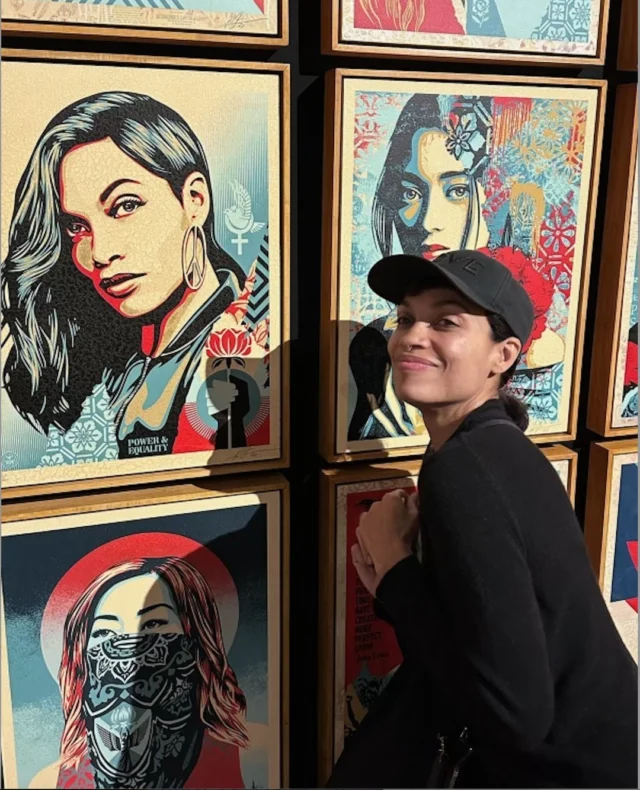 I was honored to create "Power & Equality," featuring a portrait of Rosario Dawson back in 2019 as a call for gender equality and a way to spotlight the work of the Lower East Side Girl's Club, which Rosario is a key member of. Through that project, I was able to do a some public speaking with Rosario and spend some time together, so I was stoked when she sent me this photo of her visiting Milan and checking out my museum show titled OBEY: The Art of Shepard Fairey earlier this year. I love the impact of a large grid of printed works in my shows for its cumulative effect, but I hope people look closer and study the individual pieces. I created this piece as a message of support for female empowerment everywhere, and I'm glad that Rosario loves it too! - S