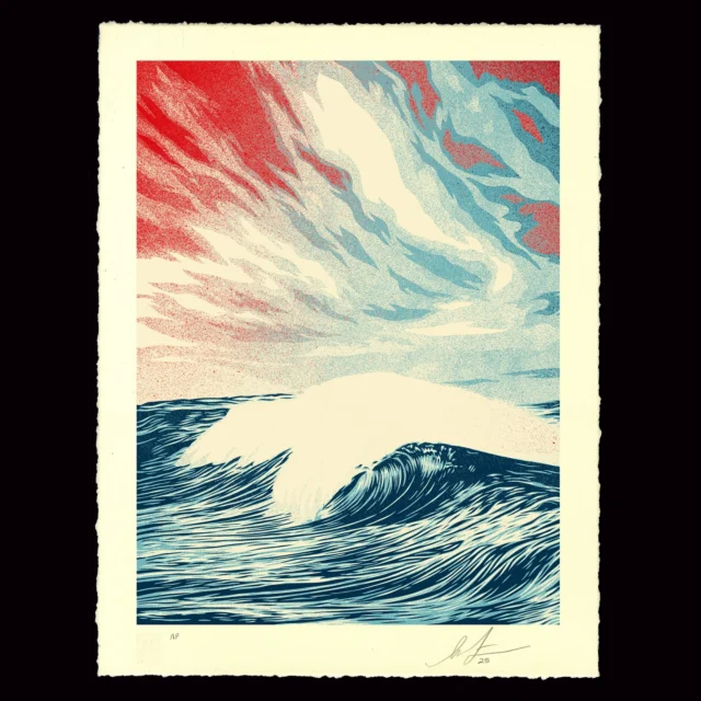 This “Force of Nature” is both a celebration of nature and a cautionary tale. Waves are beautiful and represent a powerful, hypnotic rhythmic cycle, but when energized by a storm, waves can be incredibly destructive. The semi-predictable patterns of seasonal flooding from the Tigris and Euphrates rivers in Mesopotamia led to fertile land and the formation of Sumer, the first civilization. Humans have thrived by studying and adapting to weather patterns. An awareness of, and respect for, the undulations of nature has been crucial to the development of civilization and the success of its various communities. Climate change has demonstrated what happens to civilization when nature becomes more powerful and less predictable. From hurricanes Sandy, Katrina, and many others, to uncontrollable wildfires in CA, tornadoes in the midwest, and record temperatures and heat-related deaths in Europe where many lack air-conditioning, civilization is often unequipped to deal with the global warming-fuelled force of nature.
- Shepard

PRINT DETAILS
Force of Nature Letterpress. 10 x 13 inches. Letterpress on cream cotton paper with hand-deckled edges. Signed by Shepard Fairey. Numbered edition of 200. Obey publishing chop in lower left corner. Comes with a Digital Certificate of Authenticity provided by Verisart. $75. Available on Thursday, March 6th @ 10 AM PT at  Obey Giant. Max order: 1 per customer/household. International customers are responsible for import fees due upon delivery (Except UK orders under $160).⁣ ALL SALES FINAL.