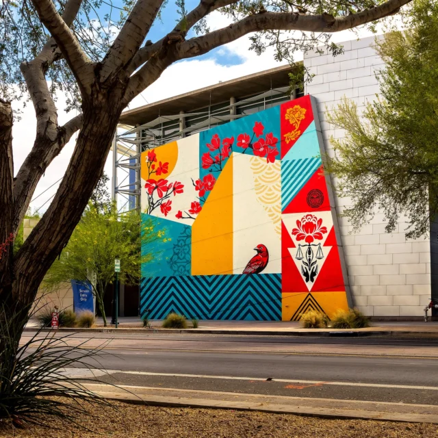 The crew and I recently completed a pair of murals titled “Interdependent Nature” on the @mesaartscenter in Mesa, Arizona. The architecture of the building is very cool so it was fun to figure out mural solutions for the funky angles of the walls.These murals, meant as a diptych, feature imagery and symbols that remind us of the intertwined nature of earth and humanity and the need to cultivate harmony. Peace, health and justice require an understanding that we are all connected parts of a whole. I am very grateful to the Mesa Arts Center and the city of Mesa for their support on this project. I was moved by the support of many locals who stopped by to say hello and swap stories. Thank you also to my crew of Rob Zagula and @jonathanfurlong (who also shot the pics) for their help on some long hot days!
-Shepard