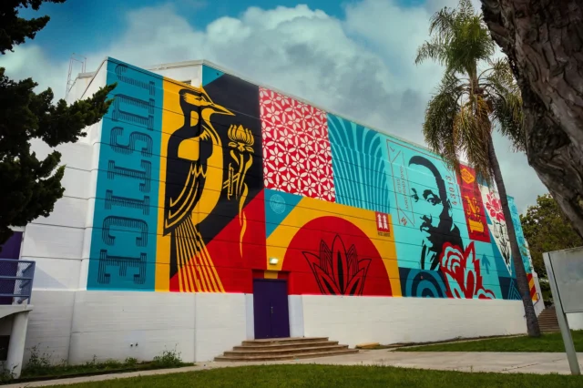 The crew and I recently finished “Manual Arts MLK,” my newest mural at @manualartshsofficial, which is part of the LAUSD public school system. @brandedarts brought together an amazing group of artists to paint murals at the school which reinforce the creative culture and programs of the school, but also to add some art to the whole surrounding community. The school is on South Vermont, very close to MLK Boulevard, so I included a portrait of Martin Luther King Jr., who is a hero and role model for me and so many others. MLK’s ideas about justice are incredibly relevant in the current moment, so I’m very happy to have him as a focal beacon within this large mural. Thank you so much to Manual Arts, Branded Arts, and my crew of Dan Flores, Nic Bowers, Willem Wolfe, and @jonathanfurlong (who also shot the photos). It’s great to have another mural in my hometown of LA celebrating education, creativity, and social justice!
-Shepard