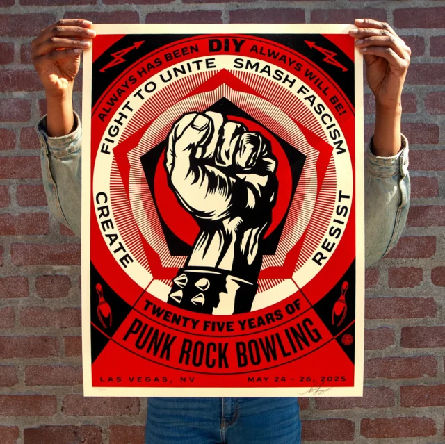 Today is Day 2 of @punkrockbowling in Las Vegas, and this is the second time I created a poster, this time celebrating their 25th anniversary. I love the DIY, punk ethos and the bands involved. Punk and hardcore changed my life by showing me that through resourceful independence people can build their own scene and be creative on their own terms. PRB has been keeping it punk, fun, independent, and grimy for 25 years! If you can’t pick one up at the fest, you can get one online, details below.
-Shepard

AVAILABLE NOW IN THE OBEY GIANT STORE!

PRINT DETAILS: Punk Rock Bowling (2025). 18 x 24 inches. Screen print on 80# cream Speckletone paper. Signed by Shepard Fairey. Numbered edition of 550. Comes with a Digital Certificate of Authenticity provided by Verisart. $60. Available on Sunday, May 25th @ 10 AM PDT at Obey Giant Store. Max order: 1 per customer/household. International customers are responsible for import fees due upon delivery (Except UK orders under $160).⁣ ALL SALES FINAL.