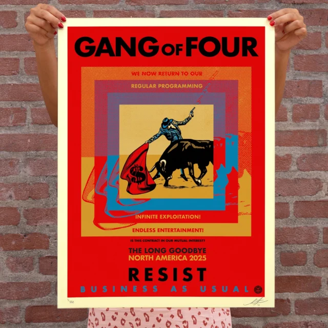 Last night was the LA stop on @gangoffourofficial’s “The Long Goodbye” final tour. I was honored to be asked by the band to design the tour poster (Photo 1) which is inspired by elements from their Entertainment album cover, their Damaged Goods EP back, and some of the band’s lyrics (Photos 3 & 4). The Fonda Theater show was powerful and very emotional for me. If you don’t know Gang of Four, they are post-punk pioneers who are great musically with an excellent tension between funk, rhythm, and noise. I also love their lyrics, with many of their songs tackling subjects like consumption, capitalism, obsession with power, exploitation, narcissism, and class structure (Photos 5 - 7). I was lucky to see the Gang of Four original line-up live several times in the early to mid-2000s, and they sounded tight and powerful every time. I was very happy when I was asked to design the sleeve for a Gang of Four remix 7-inch in 2005 (Photo 8). I like to think that art and music are rare zones where pleasure and intellectual provocation can co-exist powerfully. Gang of Four exemplifies that idea. Thanks for all the inspiration guys!
-Shepard

THE LONG GOODBYE IS AVAILABLE ON THURS, JUNE 5th AT 10AM PDT
Print Details: The Long Goodbye. 18 x 24 inches. Screen print on 80# cream Speckletone paper. Signed by Shepard Fairey. Numbered edition of 550. Comes with a Digital Certificate of Authenticity provided by Verisart. $65. Available on Thursday, June 5th @ 10 AM PDT at Obey Giant Store. Max order: 1 per customer/household. International customers are responsible for import fees due upon delivery (Except UK orders under $160).⁣ ALL SALES FINAL.