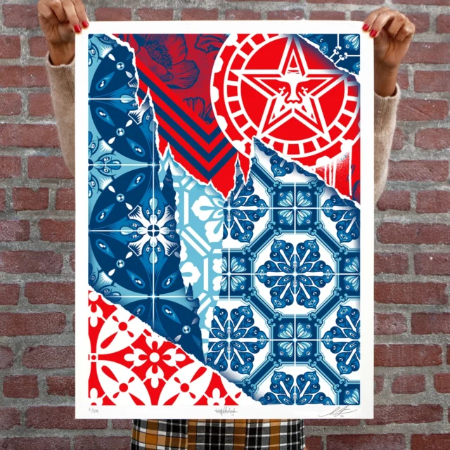 Artists @addfuel and @obeygiant have teamed up to collaborate on another new screen print. “Frequency,” will be available for purchase at @subliminalprojects on Saturday, March 7th. Both artists will be there in person to celebrate the release from 3:00PM - 6:00PM.

Just over three years after the release of my first collaboration with Shepard Fairey, the print Modular (2022), I’m now proud to unveil the result of our second chapter together.
If Modular explored construction and structure, in 2026 we present Frequency: a new approach in which pattern takes on a central and decisive role.
In this collaboration, pattern is worked and reworked as an active element. I revisited, rethought, and redesigned some of the most iconic motifs from Shepard’s visual universe, creating a new composition where our two visual languages converge.
The result is an alignment of visual discourse, two distinct grammars operating on the same frequency.
/ Diogo (@addfuel)

I love combining our two styles, the graphic and pattern motifs of my art and ADD FUEL’s traditional Portuguese tile work mixed and playful illustrations, to reveal a new composition as a complement and extension of the last. Frequency builds on the layers and rips, activating and revealing connection and contrast. I love ADD FUEL’s visual language and I’m happy to keep the conversation going.
- Shepard (@obeygiant)

PRINT DETAILS: Frequency. 24” H x 18” W. Screen print on thick true white Speckletone paper. Signed by ADD FUEL and Shepard Fairey. Numbered edition of 500. Comes with a Digital Certificate of Authenticity provided by Verisart. $120. Available on Saturday, March 7th @ 3PM PDT at Subliminal Projects.