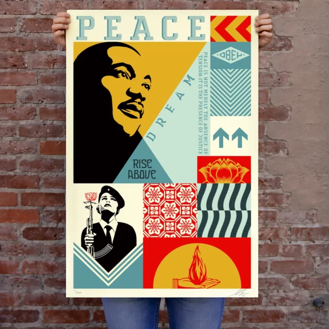 This print is based on an art piece in my solo exhibition Modular Frequency. It is a tribute to Martin Luther King Jr.’s non-violent efforts on behalf of civil rights and equality. He is a personal hero and role model, and his ideas about peace and justice are incredibly relevant in the current moment. -Shepard

PRINT DETAILS: Dreams of Peace. 36” H x 24” W. Screen print on 80# cream Speckletone paper. Signed by Shepard Fairey. Numbered edition of 500. Comes with a Digital Certificate of Authenticity provided by Verisart. $95. Available on Thursday, April 2nd @ 10 AM PDT PDT at https://store.obeygiant.com/. Max order: 1 per customer/household. International customers are responsible for import fees due upon delivery (Except UK orders under $160).⁣ ALL SALES FINAL.