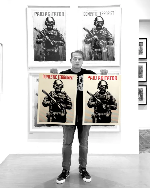 Last month, hundreds of people picked up “Paid Agitator” and “Domestic Terrorist” protest posters to participate in the No Kings March. Each person marching that day showed up because they believe in democracy. These prints serve as a mirror to those committing the dehumanizing attacks on immigrants and protesters and for ICE and the Trump administration to experience their own rhetoric thrown back at them. These prints are a mirror, not a solution. The solution is to treat all people with dignity and as equally human. A number of prints were set aside for people who couldn’t come to pick them up and signed versions will be going on sale this week. Every citizen deserves to have a voice in how our country is shaped. We all matter in the United States and we all have power.
-Shepard

*All four versions of Projection Mirror are available as free downloads via the link in bio. 

PRINT DETAILS: Projection Mirror: Paid Agitator or Projection Mirror: Domestic Terrorist Offset Lithograph. 24” H x 18” W. Gloss Finished Offset Lithograph on 12pt. cover paper. Signed by Shepard Fairey. $25. Available on Thursday, April 16th @ 10 AM PDT at https://store.obeygiant.com. Max order: 1 per customer/household. International customers are responsible for import fees due upon delivery (Except UK orders under $160).⁣ ALL SALES FINAL.