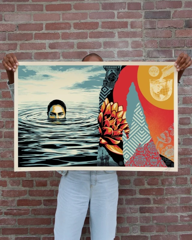 This “Ominous Ripples” print is a metaphor for the environmental peril we have created and the struggles future generations will face just to navigate climate-related problems like super storms, drought, famine, population displacement, and, of course, rising sea levels. We are already treading water, drowning and suffocating even if many of us haven’t comprehended the scale of the problem or reach of the ripples yet. The lack of progress on climate change and pollution is largely due to the oversized influence of deep-pocketed oil companies. Billionaires, corporations, and politicians aren’t going to save the planet so we the people need to support a transition to responsible energy sources. This Earth Day, I am proud to support @greenpeace because they uplift the people – grassroots activists, determined researchers, climate champions – who actually do the work. From fighting Big Oil in court to running campaigns that change policy...they are unrelenting. Please join me in making a contribution if you’re able to (and gifts will be matched 4x on Earth Day, so your support will go even further!) Visit: greenpeace.org/usa/earth
-Shepard

PRINT DETAILS: Ominous Ripples. 24” H x 36” W. Screen print on 80# cream Speckletone paper. Signed by Shepard Fairey. Numbered edition of 500. Comes with a Digital Certificate of Authenticity provided by Verisart. $100. A portion of the proceeds will be donated to Greenpeace. Available on Thursday, April 23rd @ 10 AM PDT at https://store.obeygiant.com. Max order: 1 per customer/household. International customers are responsible for import fees due upon delivery (Except UK orders under $160).⁣ ALL SALES FINAL.