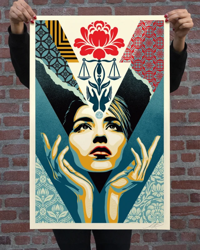 This new “Uplift Justice” offset is based on a mural I painted in Philadelphia last year.  It was important to me to create an image in Philly, a city often considered the birthplace of American democracy, that connects the ideals of the past with the questions we face today. Nearly 250 years after the founding of this country, we have an opportunity to ask ourselves what the next 250 years should look like—a continuation of where we’re headed, or maybe a reset.
I chose a woman as the central figure because I see women as natural peacemakers, builders of family and community—the qualities we need most right now. My hope is that this art invites people to reflect on justice, history, and the values that guide us today and into the future.
-Shepard

PRINT DETAILS: Uplift Justice Offset. 36” H x 24” W,. Offset on thick cream Speckletone paper. Signed by Shepard Fairey. $35. Available on Thursday, April 30th @ 10 AM PDT at https://store.obeygiant.com. Max order: 1 per customer/household. International customers are responsible for import fees due upon delivery (Except UK orders under $160).⁣ ALL SALES FINAL.