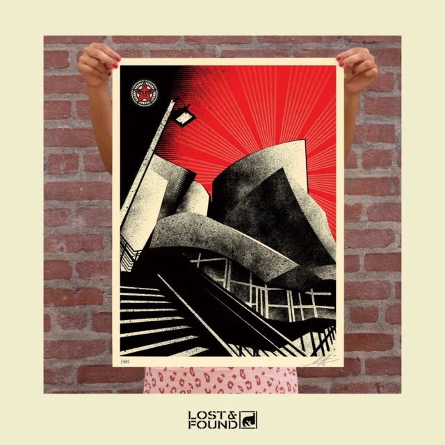Lost & Found is a series of releases pulling from the archives of Obey Giant Art. This week, we are excited to announce the release of a number of prints that were originally released in 2008: LA Philharmonic Hall. The print features an image of one of Los Angeles’ most famous landmarks, the Walt Disney Concert Hall, which was designed by world renowned architect Frank Gehry.

In honor of conductor Gustavo Dudamel’s upcoming finale concert at the Walt Disney Concert Hall, a limited number of these prints will be available on Thursday, June 4th at 10 AM PT in the Obey Giant Store.

PRINT DETAILS: LA Philharmonic Hall. 24” H x 18” W. Screen print on 80# cream Speckletone paper. Signed by Shepard Fairey in 2008. Numbered edition of 350. Comes with a Digital Certificate of Authenticity provided by Verisart. $175. Available on Thursday, June 4th @ 10 AM PDT at https://store.obeygiant.com. Max order: 1 per customer/household. International customers are responsible for import fees due upon delivery (Except UK orders under $160).⁣ ALL SALES FINAL.

*Price Note: These highly sought-after limited edition prints are priced according to the increased value of the print over time.