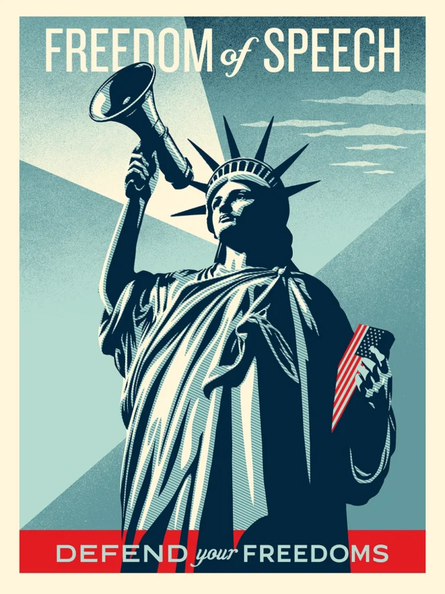 I never imagined I’d need to defend the First Amendment, but as our nation’s 250th anniversary approaches, we all need to be reminded of several vital principles enshrined in the constitution soon after the United States was formed. The First Amendment to the United States Constitution prevents Congress from making laws respecting an establishment of religion; prohibiting the free exercise of religion; or abridging the freedom of speech, the freedom of the press, the freedom of peaceable assembly and the right to petition the government for redress of grievances. Under the Trump administration every one of those First Amendment provisions has been eroded including an extreme favoritism toward Christian nationalism and bias against other religious groups. Though the religious bias unconstitutionally ignores the legislated separation of church and state, I see the most severe threats to democracy as the Trump administration’s attacks on FREEDOM of SPEECH, FREEDOM of the PRESS, and FREEDOM of ASSEMBLY. These freedoms are essential safeguards against abuses of power by those elected to govern by we the people. In every nation that has succumbed to fascism, these three freedoms have been dismantled by those pursuing fascism and authoritarianism. This series serves as a reminder of why we must defend these bedrock principles of democracy in the face of fascist attacks.
-Shepard

Art For Freedom is a multi-piece art series interpreting three First Amendment freedoms: speech, press, and assembly, and their roles in upholding our democracy. We invite people across the country to reflect on what freedom means to you and why protecting our shared rights matters by downloading and sharing this free at artforfreedom.org. We encourage you to join us in posting from June 22 through July 20 with the hashtag #ArtforFreedom