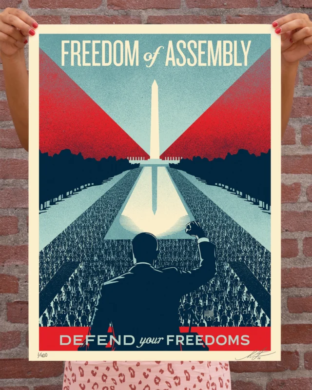 Obey Giant partnered with Unite in Advance on #ArtForFreedom, an art series interpreting three First Amendment freedoms, speech, press, and assembly, and their role in upholding our democracy. We invite you to download and share this free art from artforfreedom.org and reflect on what freedom means to you. Additionally, a limited number of signed screen prints will be for sale individually and as a series starting Thursday, June 25th at 10AM PDT via the Obey Giant Store.

I never imagined I’d need to defend the First Amendment, but as our nation’s 250th anniversary approaches, we all need to be reminded of several vital principles enshrined in the Constitution soon after the United States was formed. The First Amendment to the United States Constitution prevents Congress from making laws respecting an establishment of religion; prohibiting the free exercise of religion; or abridging the freedom of speech, the freedom of the press, the freedom of peaceful assembly and the right to petition the government for redress of grievances. Under the Trump administration every one of those First Amendment provisions has been eroded including an extreme favoritism toward Christian nationalism and bias against other religious groups. Though the religious bias unconstitutionally ignores the legislated separation of church and state, I see the most severe threats to democracy as the Trump administration’s attacks on FREEDOM of SPEECH, FREEDOM of the PRESS, and FREEDOM of ASSEMBLY. These freedoms are essential safeguards against abuses of power by those elected to govern by we the people. In every nation that has succumbed to fascism, these three freedoms have been dismantled by those pursuing fascism and authoritarianism. This series serves as a reminder of why we must defend these bedrock principles of democracy in the face of fascist attacks.
-Shepard

PRINT DETAILS: Defend Your Freedoms. 24” H x 18” W. Screen print on 80# cream Speckletone paper. Signed by Shepard Fairey. Numbered edition of 400. Comes with a Digital Certificate of Authenticity provided by Verisart. $65 EACH. Available on Thurs, June 25 @ 10 AM PDT at store.obeygiant.com