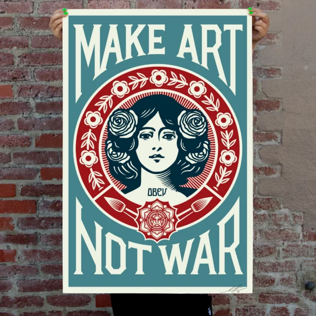 I made this “Make Art Not War” print new color variant because unfortunately, with many wars going on globally, the message continues to be relevant. Here is how my friend and museum curator Pedro Alonzo describes my “Make Art Not War” image:

“This print, created during the Iraq war, is an alternative phrase inspired by popular 1960s anti-war mantra,“Make love, not war.” In this case, Fairey asserts the need for creative rather than destructive acts. The Art Nouveau style of the image is an additional reference to the influence of Art Nouveau on hippie and psychedelic art of the ’60s, including many anti-Vietnam war posters.
Encased within a floral garland, the female figure appears more self-assured and real rather than ethereal. The placement of two paintbrushes below her portrait not only refers to a classical tool of art production but resembles spears, which when read alongside the directive to “OBEY” that appears on her neck, simultaneously makes the otherwise palatable message more pointed.”

Make Art Not War (Blue) is now available in the Obey Giant Store. Thanks for caring! - S

PRINT DETAILS: Make Art Not War (Blue) Offset. 36” H x 24” W. Offset on thick cream Speckletone paper. Signed by Shepard Fairey. $35. Available now at Obey Giant Store. International customers are responsible for import fees due upon delivery (Except UK orders under $160).⁣ ALL SALES FINAL.