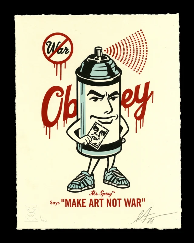If you like graffiti, 50s advertising characters, stencils, and you don’t like the war… you’ll LOVE “Mr. Spray”!
This Mr. Spray letterpress is an image I originally created during the Iraq war, and unfortunately, not much has changed except one letter (it’s Iran now). “Make Art Not War” is a message I always want to promote along with an endorsement of expressing your beliefs by any means necessary! The streets and elsewhere are begging for you to exercise your First Amendment rights!
-Shepard

PRINT DETAILS: Mr. Spray. 13” H x 10” W. Letterpress on cream cotton paper with hand-deckled edges. Signed by Shepard Fairey. Numbered edition of 450. Obey publishing chop in lower left corner. Comes with a Digital Certificate of Authenticity provided by Verisart. $65. Available on Thursday, July 16th @ 10 AM PDT at store.obeygiant.com. Max order: 1 per customer/household. Max order: 1 per customer/household. International customers are responsible for any applicable import duties, taxes and customs fees due upon delivery, except for UK orders under $160 USD and EU orders. ALL SALES FINAL
