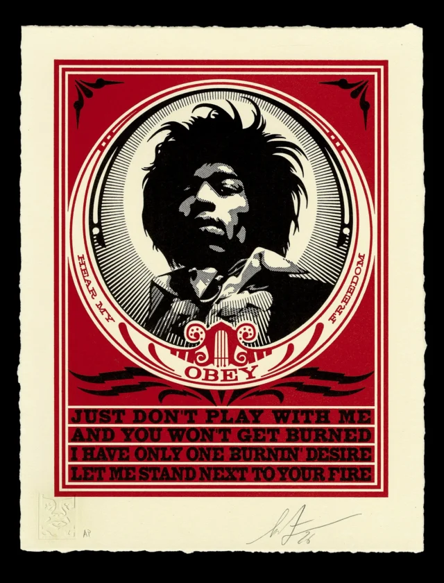 This “Hendrix Fire Letterpress” is an iteration of a Jimi Hendrix portrait I made but never released outside of inclusion in my “50 Shades of Black” boxset. I’ve been a fan of Jimi Hendrix since late high school. After what I call my “punk rock orthodoxy” phase waned, I was open to looking back to older music that had some of the same attitude and expression as punk. Hendrix stood out to me as being soulful and cool, but also intense and feral. The debut Hendrix album, Are You Experienced, is a masterpiece all the way through, and though it opens with the banger “Purple Haze,” I really love the groove and vocal swagger of the song “Fire.” To me, “Fire” has a heavier funk feel, almost like James Brown with more guitar power. Most people focus on Jimi’s guitar prowess, but I think he was a great vocalist and songwriter with his guitar brilliance, just adding flair to superb songs. I made several homemade Hendrix shirts when I was in high school and college just to have one for myself. One of the first “art” prints I ever made was a tribute to John Van Hamersveld’s Pinnacle Hendrix poster from 1968. I saw Hendrix as a cultural icon to reference and honor, even as I subverted his image. This one, however, is a pure, sincere tribute!
-Shepard

PRINT DETAILS: Hendrix Fire Letterpress. 13” H x 10” W. Letterpress on cream cotton paper with hand-deckled edges.. Signed by Shepard Fairey. Numbered edition of 450. Obey publishing chop in lower left corner. Comes with a Digital Certificate of Authenticity provided by Verisart. $65. Available on Thursday, August 6th @ 10 AM PDT at store.obeygiant.com. Max order: 1 per customer/household. International customers are responsible for any applicable import duties, taxes, and customs fees due upon delivery, except for UK orders under $160 USD and EU orders.