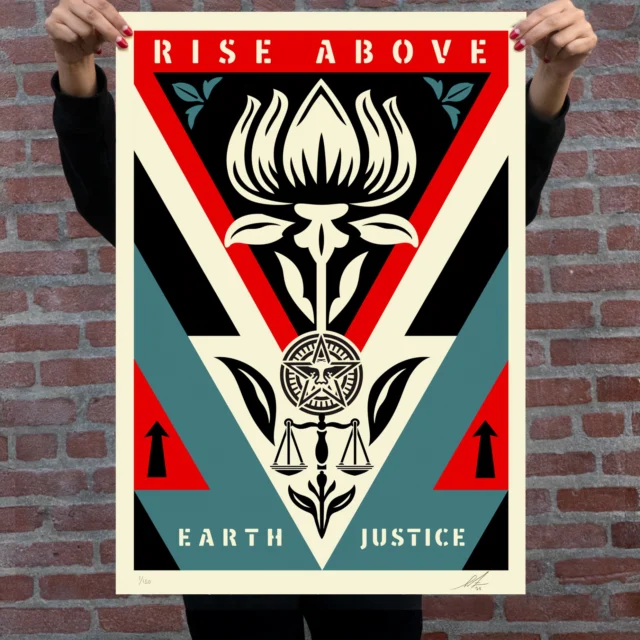 I collaborated with Migrate Art in the UK to create these Rise Above Earth Justice prints that were released earlier this year. The art is based on the mural I painted in the Shoreditch neighborhood of London in 2024. The Rise Above Earth Justice art uses a flower blooming from the scales of justice to convey the message that it is within our power to “rise above” the injustice of environmental irresponsibility and push for a healthier planet. I believe that our individual and collective actions will dramatically impact current and future generations, be it for the better or for the worse. It is our responsibility as the citizens of Earth to protect it. This project benefited the Refugee Community Kitchen, an amazing organization that serves hot, nourishing meals to displaced people across the UK and France. We have a limited number of sets available that will be on sale in the Obey Giant Store later this week. Details below!
-Shepard

PRINT DETAILS: Rise Above Earth Justice (Blue or Red). 42.5 × 59.5 cm (16.7 × 24.5 inches). Three-color screenprint on Somerset Velvet Buff. Signed by Shepard Fairey. Numbered edition of 150. $150 per print. $300 per set. Available on Thursday, August 20th @ 10 AM PDT at store.obeygiant.com. Max order: 1 per customer/household. International customers are responsible for any applicable import duties, taxes, and customs fees due upon delivery, except for UK orders under $160 USD and EU orders.