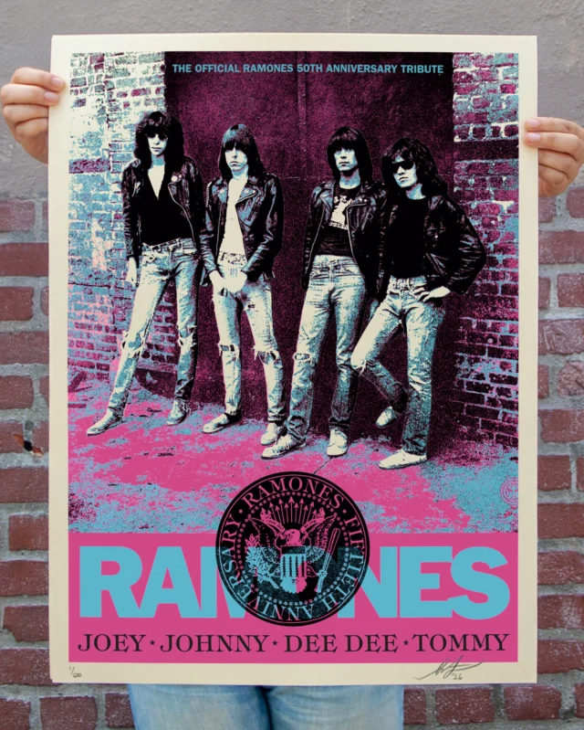 This poster for the 50th Anniversary tribute to the Ramones’ first album release is based on Danny Fields’ photo for the third Ramones album “Rocket to Russia”, which was released in late 1977. The Ramones had an extraordinary two-year run with their genre-defining self-titled debut, “Leave Home”, and “Rocket to Russia” all coming out in ’76 and ’77! All three albums are incredible and are the only three to feature drummer Tommy Ramone, who also helped with production. I think this photo of the Ramones captures their iconic essence as leather-jacket-and-jeans-clad punk pioneers in grimy mid-70s Lower Manhattan. The first album cover is BXW, “Leave Home” is primarily blue, and “Rocket to Russia” is black and pink, so in this poster I combined those colors to represent the incredible blast of the first three Ramones albums. I first got into the Ramones in 1985, and they quickly became one of my favorite groups. I saw them live in 1988 and 1989, and the shows were non-stop high-intensity action. The Ramones show I saw in the Fall of 1988 at the Living Room in Providence, Rhode Island should have held 500, but in Providence, clubs paid off the cops, and there were probably 1,000 people in the venue. Jane’s Addiction opened up and raised the energy level. When the Ramones came on, the crowd was ready to go nuts. I was near the stage, and the crowd surged forward, compressing everyone so tightly that I thought my ribs would be crushed. I could actually pick my feet off the ground simultaneously without using my hands. The Ramones played non-stop, no breaks between songs for about two hours. The band was super tight. Johnny leaned into the crowd and didn’t even take his leather jacket off for an hour, even though it was sweaty as hell in there. Joey’s hair was in his eyes, but he stayed planted in front of the mic and sounded great. At certain points I felt like I was going to suffocate or be crushed, but I refused to give up my spot right at the front. It may seem weird to say you are having the time of your life fighting for your life, but that’s the only way I can describe that show later in life.
-Shepard

Available on 9/3 at 10A