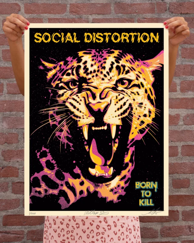 I was honored to be asked by @mikeness to create the cover art for @socialdistortion’s new album “Born to Kill.” The album is great with a ferocity, but also has stylistic diversity and great songwriting. It’s awesome that the band still sounds fresh and vital over 45 years into their career! I first heard Social Distortion in 1985, and I was immediately struck by their punk power and rebellious themes delivered with an undeniable melodic appeal. I begged my parents to buy me the first Social Distortion album, “Mommy’s Little Monster.” My parents hated punk, so when they asked me if the music was punk, I lied and said, “No, it’s New Wave.” I listened to the album non-stop, and a lot of the themes- freedom, generation gaps, questioning authority, subcultural community, etc.- really resonated with me. I’ve seen Social Distortion many times over the years, and I’ve watched their evolution firsthand. They grew from a more conventional punk sound to a broader definition of punk that includes nods to early Rolling Stones and Johnny Cash, artists who pushed social boundaries and outlaw themes. I remember hearing the band’s song, “Story of My Life,” on the radio in 1990, pre-grunge, and thinking to myself, “what a coup… what a triumph, that these guys infiltrated rock radio.” In my opinion, Social Distortion shattered a glass ceiling and did what few bands can do: they found broad appeal without abandoning their punk roots or watering down their sound. -Shepard

PRINT DETAILS: Social Distortion Born to Kill. 24” H x 18” W. Screen print on 80# cream Speckletone paper. Signed by Shepard Fairey and Mike Ness. Numbered edition of 550. Comes with a Digital Certificate of Authenticity provided by Verisart. $75. Available on Thursday, September 17th @ 10 AM PDT at store.obeygiant.com. Max order: 1 per customer/household. International customers are responsible for any applicable import duties, taxes and customs fees due upon delivery, except for UK orders under $160 USD and EU orders.