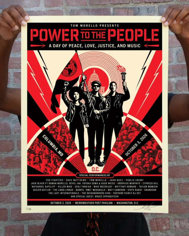 I’m thrilled to be a part of @tommorello’s @powertothepeoplefest, a celebration of peace, justice, solidarity, music, and community action. Not only did I create the poster art, but I will also be DJing at the festival which is taking place on Saturday, October 3, 2026 at Merriweather Post Pavilion in Columbia, MD. This festival brings together artists, fans, activists, organizations and community leaders for an unforgettable day celebrating the power of music and collective action to inspire change. Hope to see you there! -Shepard

PRINT DETAILS: Power to the People Festival. 24” H x 18” W. Screen print on 80# cream Speckletone paper. Signed by Shepard Fairey. Numbered edition of 500. $70. Available on Thursday, October 1st @ 10 AM PDT at store.obeygiant.com.