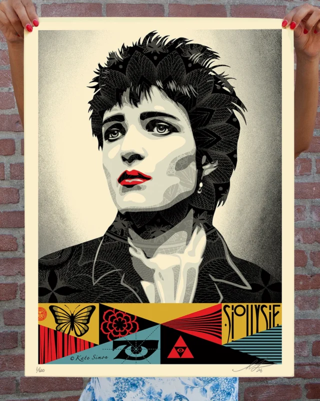 Siouxsie Sioux (@siouxsiehq) has been a cultural trailblazer and wrecking ball for 50 years, and continues to inspire and push the definition of punk rock far beyond the confines of a narrow style and into a world of creative fearlessness and versatility. I was honored to illustrate this portrait of Siouxsie based on an incredible photograph of her from when she was 21 years old in 1978. The shot was impromptu, on the streets of London’s Ladbroke Grove, but Kate captured her in a beautiful way that compelled me to create this piece. I’ve been a fan of Siouxsie since 1985, when the only artsy girl in my school who was intimidatingly self-possessed and wore nothing but black introduced me to her albums Kaleidoscope and Hyaena. Many Siouxsie songs like “Cities in Dust” and “Spellbound” have a beautiful, haunting quality to them, but her range is vast and her covers of “The Passenger” and “Dear Prudence” are even more exuberant than the original versions. I was also impressed to learn that Siouxsie was an early fan of the Sex Pistols and turned that inspiration into forming a band and becoming a music and fashion icon through courage, talent, and will. I’m lucky to have worked with her and her management on this portrait. I hope you put on a Siouxsie record from your collection or pick one up at your local record store, and explore the goth/punk universe she created!
-Shepard

PRINT DETAILS: Siouxsie, 1978. 24” H x 18” W. Screen print on 80# cream Speckletone paper. Original Illustration based on a photograph by @katesimon. Signed by Shepard Fairey. Numbered edition of 600. $85. Available on Friday, October 9th @ 10 AM PDT at @obeygiant and @siouxsiehq web stores.