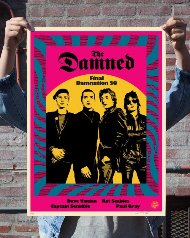 I was honored to create the art for @theDamnedofficial’s 50th anniversary tour. I first heard the Damned in the mid 80’s when they performed the song “Nasty” on the TV show The Young Ones which aired on MTV (also the show where I first heard “The Ace of Spades” by Motörhead!). I knew the Damned had been booked on the Sex Pistols’ doomed “Anarchy Tour” but “Nasty” was the first song i heard. I LOVED IT! I went looking for a Damned album with “Nasty” on it, but couldn’t find one. Luckily I picked up Damned Damned Damned which has two of my favorite Damned songs “Neat Neat Neat” and “New Rose”, which was the first UK punk single released, even before the Sex Pistols. The Damned have a quite varied catalog and from ‘77 punk they branched out to moody goth vibes and neo glam among other stylings but have always circled back to high energy catchy punk songs. I’ve seen the Damned several times and they always put on a great show. I’m excited to see them on their Final Damnation 50 tour in LA in November!
-Shepard

PRINT DETAILS: Final Damnation 50. 24” H x 18” W. Screen print on 80# cream Speckletone paper. Signed by Shepard Fairey. Numbered edition of 400. Comes with a Digital Certificate of Authenticity provided by Verisart. $75. Available on Friday, October 16th @ 10 AM PDT at store.obeygiant.com. Max order: 1 per customer/household. International customers are responsible for any applicable import duties, taxes and customs fees due upon delivery, except for UK orders under $160 USD and EU orders.