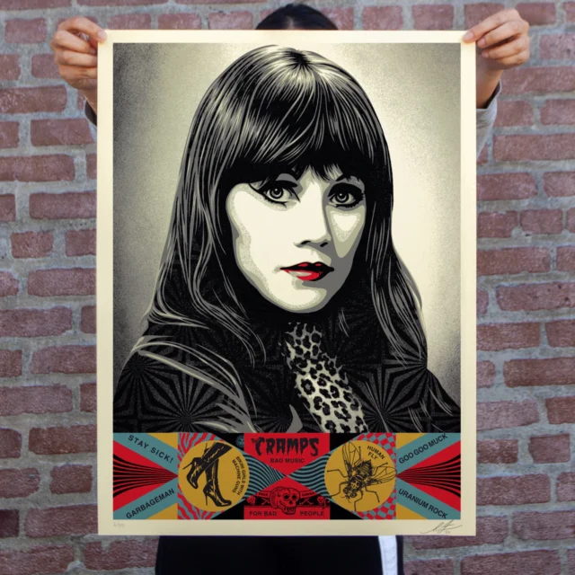 I first heard the Cramps (@crampsofficialvengeancerecords) courtesy of my friend Bill Hussey in 1985. He lent me the tape of the Cramps’ album Bad Music for Bad People. I loved the cover art, so I was intrigued to hear it. I vividly remember listening to”Garbageman” on my boombox for the first time as I was setting up a new skateboard. I was slightly unsure about the twanginess of it, because anything with a country flavor to it was seen as supremely un-punk. Fortunately, “Garbageman” began with the lyrics “You ain’t no punk, you punk… you wanna talk about the real junk”, which gave the Cramps enough punk cred for me to give their music a chance. Bad Music for Bad People is a definitive classic album with songs like “Human Fly,” “Love Me,” and “Uranium Rock.” I was also intrigued that the founders of the band, Lux Interior, and Poison Ivy Rorschach were romantic partners. There were not that many women in punk bands and Poison Ivy was as cool as they come… with beauty and style for miles! I love the Cramps’ distinctive visuals. From their cover art to photoshoots, the Cramps had a dark, campy Rockabilly goth image with a pinch of sexiness in lead guitarist Poison Ivy, who always wore fishnet stockings and never seemed to age. I saw the Cramps a couple times in Providence, including on their 1990 Stay Sick! tour. That show was one of the best I’ve ever seen, with lead singer Lux Interior climbing up the speaker stacks, humping them and, and jumping back to the stage, all while perfectly maintaining his black magic possessed Elvis vocals. Poison Ivy made perfect fuzzed out riffs look effortless and she happened to have her normally curly hair straightened on that tour. I feel very lucky that photographer @huib_rutten was willing to let me illustrate from his fantastic photo of Poison Ivy from the same era. I think the Cramps are one of the greatest bands ever and exuded a primal sleazy swagger with unique wit and style.
-Shepard

PRINT DETAILS: Poison Ivy of The Cramps. 24” H x 18” W. Screen print on 80# cream Speckletone paper. Signed by Shepard Fairey. Numbered edition of 550. $75. Available on Thurs, Oct. 29 @ 10 AM PDT at Obey Giant Store