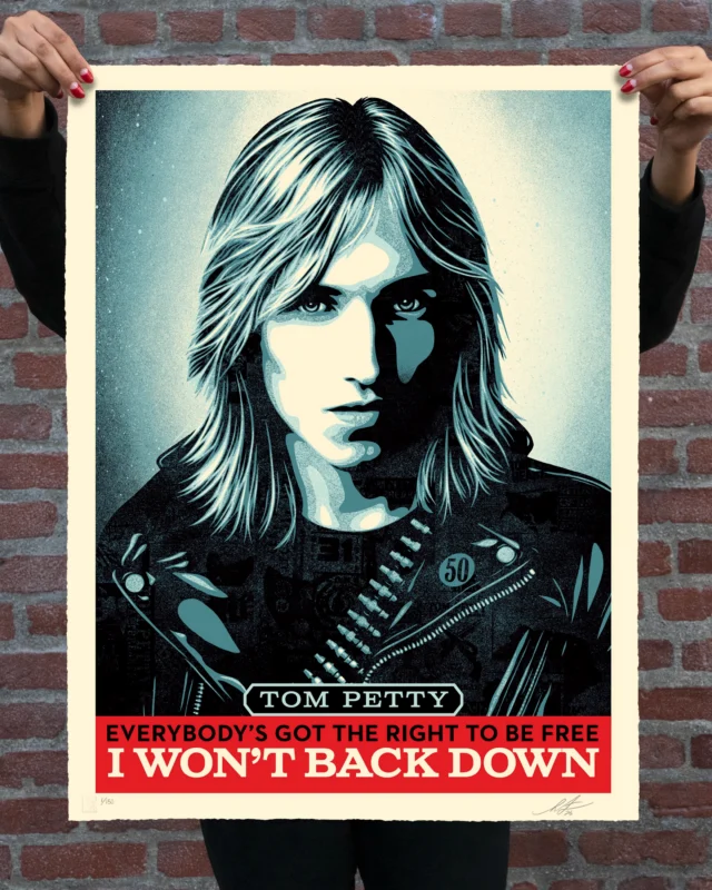 Today is Tom Petty’s birthday. I’ve been a big fan of @tompettyofficial since I first heard “Refugee” and “Don’t Do Me Like That” on the radio as a nine-year-old kid. My Appreciation for Tom Petty and the Heartbreakers has only grown over the years as I’ve come to understand the power of Tom’s empathy for the underdog in his storytelling and the band’s dynamic chemistry in their musical arrangements and performances. I was lucky enough to work with Tom on several projects before he passed, and I was honored when Adria Petty reached out to me to illustrate a portrait of her dad for the cover of the “Tom Petty: An American Treasure” box set. With this year marking 50 years since the release of the first Tom Petty and the Heartbreakers album, Adria approached me again to create an early career portrait of Tom as a young man hungry to break through with his music and voice. I made this portrait of Tom to capture the intensity, attitude, and vigor of his early career. Those traits persisted and were eventually widely recognized as a tenacious working-class ethic, but the Heartbreakers’ debut album wasn’t an immediate hit, despite featuring the now-classic “American Girl” and “Breakdown.” I’ve always admired independence, determination, and vision, and Tom Petty and the Heartbreakers had all those things in spades. Through this collaboration with Tom Petty’s estate, we are proud to support ACLU in their efforts to ensure that every eligible voter has the information and the right to cast their ballot and have their vote counted. Thanks, Tom, for 50 years of music and mojo, and for never backing down!

PRINT DETAILS: Tom Petty: I Won’t Back Down. 32” H x 24” W. Screen print on 100% Cotton Custom Archival Paper with hand-deckled edges. Signed by Shepard Fairey. Numbered edition of 150. Obey publishing chop in lower left corner. $225. Available on Thursday, October 22nd @ 10 AM PDT at the Obey Giant Store and Tom Petty Online Store.